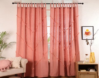 Boho Cotton Curtains Rose Tassel Curtain Decorative Customize Size Curtains Handmade Blush Pink Living room curtains Single Panel Only
