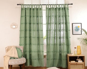 Rideau hippie décoratif vert sauge, rideau bohème garniture à pampilles, rideaux faits main personnalisés, rideaux de porte de chambre à coucher en coton, panneau unique
