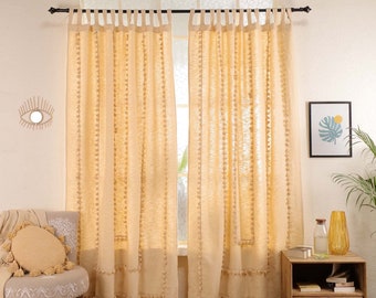 Natural Bohemian Fringes Curtain Beige Handmade Custom Cotton Curtains Home decor Window Treatments Bedroom Drapes Single Panel Only