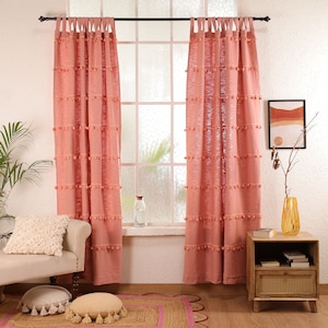 Blush Pink Decorative Curtain Tassel Trim Cosy Custom Curtains Boho Cotton Handmade Hippie Drapes Living room curtains Single Panel Only