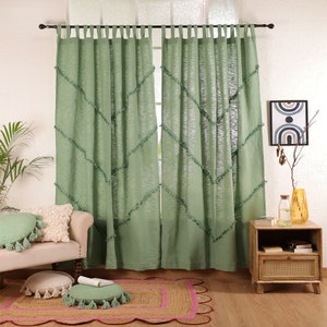 Sage Green Handmade Cotton Curtains Bohemian Tassel Trim Curtains Living room curtains Custom Curtains BedroomCurtains Single Panel Only zdjęcie 1