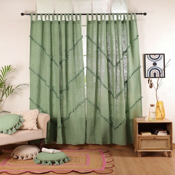 Cortinas de algodón hechas a mano de color verde salvia, cortinas bohemias con adornos de borlas, cortinas de sala de estar, cortinas personalizadas, cortinas de dormitorio, cortinas de un solo panel solamente