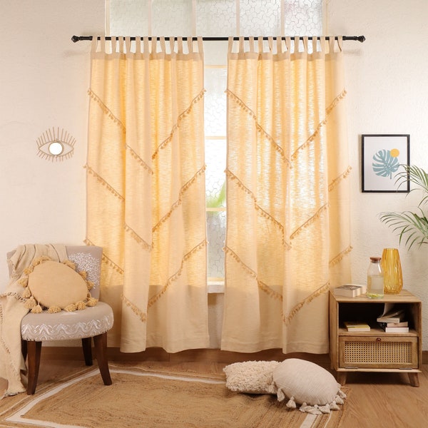 Natural Boho Pom Pom Curtains Beige Handmade Cotton Curtains Living room curtains Customised Curtains Single Panel Only Window Curtains