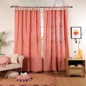 Boho Cotton Curtains Rose Tassel Curtain Decorative Customize Size Curtains Handmade Blush Pink Living room curtains Single Panel Only