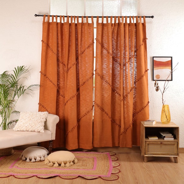 Rideau à pampilles en terre cuite Boho rideaux de chambre personnalisés rouille rideaux en coton faits main rideaux de salon décoratifs panneau unique