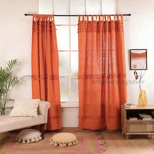 Burnt Orange Pom Pom Curtain Boho Cotton Curtain Handmade Custom Curtains Rust Decorative Bed room Door curtains Single Panel Only