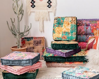 Kantha Floor Cushion tirar almohada cojín del asiento Cojín del asiento de la ventana Vintage Patchwork piso almohada sofá Cojín Terciopelo Francés Tufted Cojín