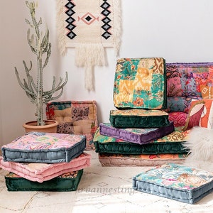 Kantha Floor Cushion throw pillow seat pad Window seat cushion Vintage Patchwork floor pillow sofa Cushion Velvet French Tufted Cushion