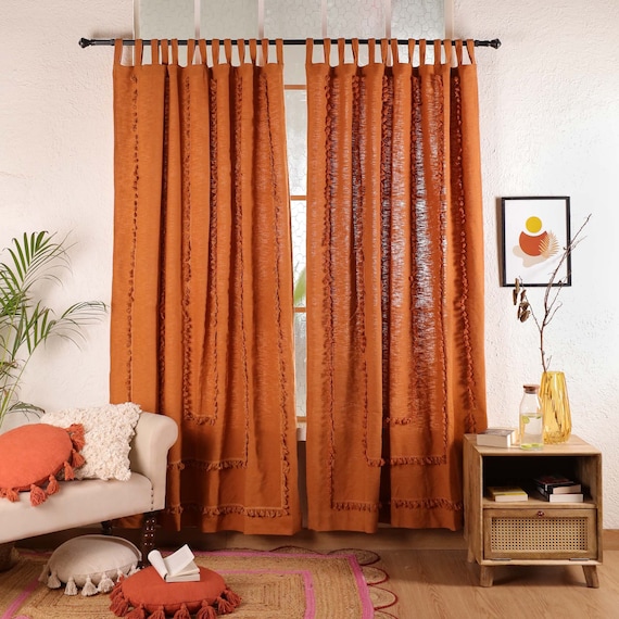 Terrakotta indische Fransen Baumwollvorhang Rost Boho Drapieren Wohnzimmer Fensterbehandlung Semi Sheer Vorhänge Küchenvorhänge Nur ein Panel