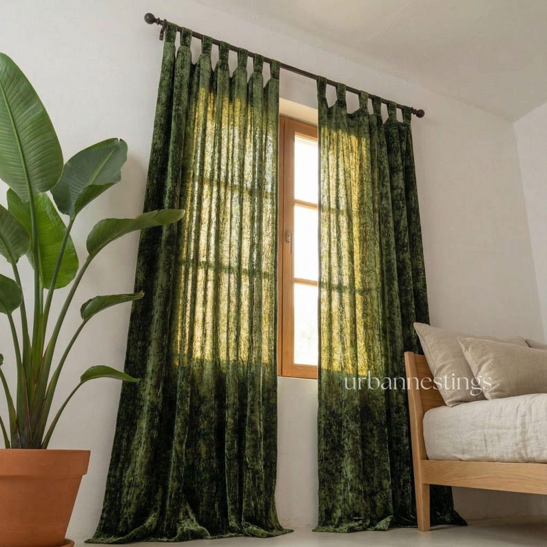 Cortina de terciopelo verde oliva, panel individual personalizado para ventana, cortinas para dormitorio, cortinas para sala de estar, cortina de comedor de lujo, cortinas boho. imagen 4