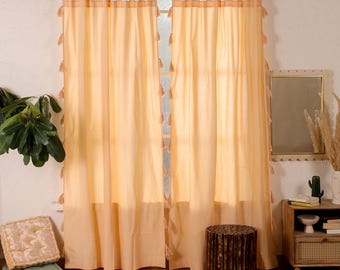 Beige Cotton Tassel Curtain: Boho Window Decor