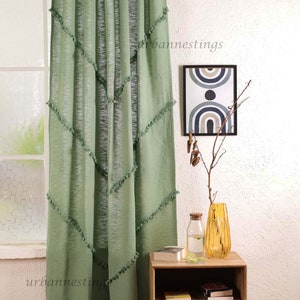 Sage Green Handmade Cotton Curtains Bohemian Tassel Trim Curtains Living room curtains Custom Curtains BedroomCurtains Single Panel Only zdjęcie 2