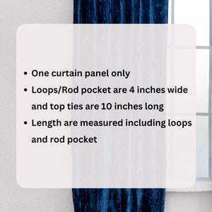 Puede incluir: Notas importantes para un solo panel de cortina. El bolsillo para la barra tiene 4 pulgadas de ancho, los lazos superiores tienen 10 pulgadas de largo y la longitud se mide incluyendo los lazos y el bolsillo para la barra.