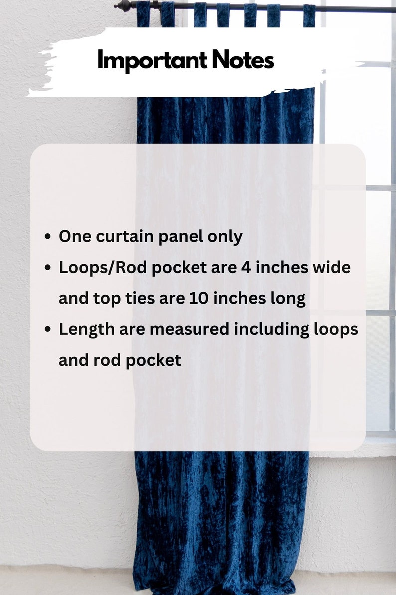 Puede incluir: Notas importantes para un solo panel de cortina. El bolsillo para la barra tiene 4 pulgadas de ancho, los lazos superiores tienen 10 pulgadas de largo y la longitud se mide incluyendo los lazos y el bolsillo para la barra.