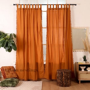 Terracotta Cotton Curtains: Boho Fringed Semi-Sheer Window Treatment
