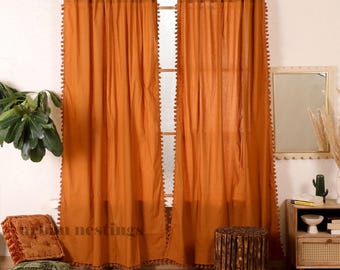 Terracotta Cotton Curtains: Boho Fringed Semi-Sheer Window Treatment