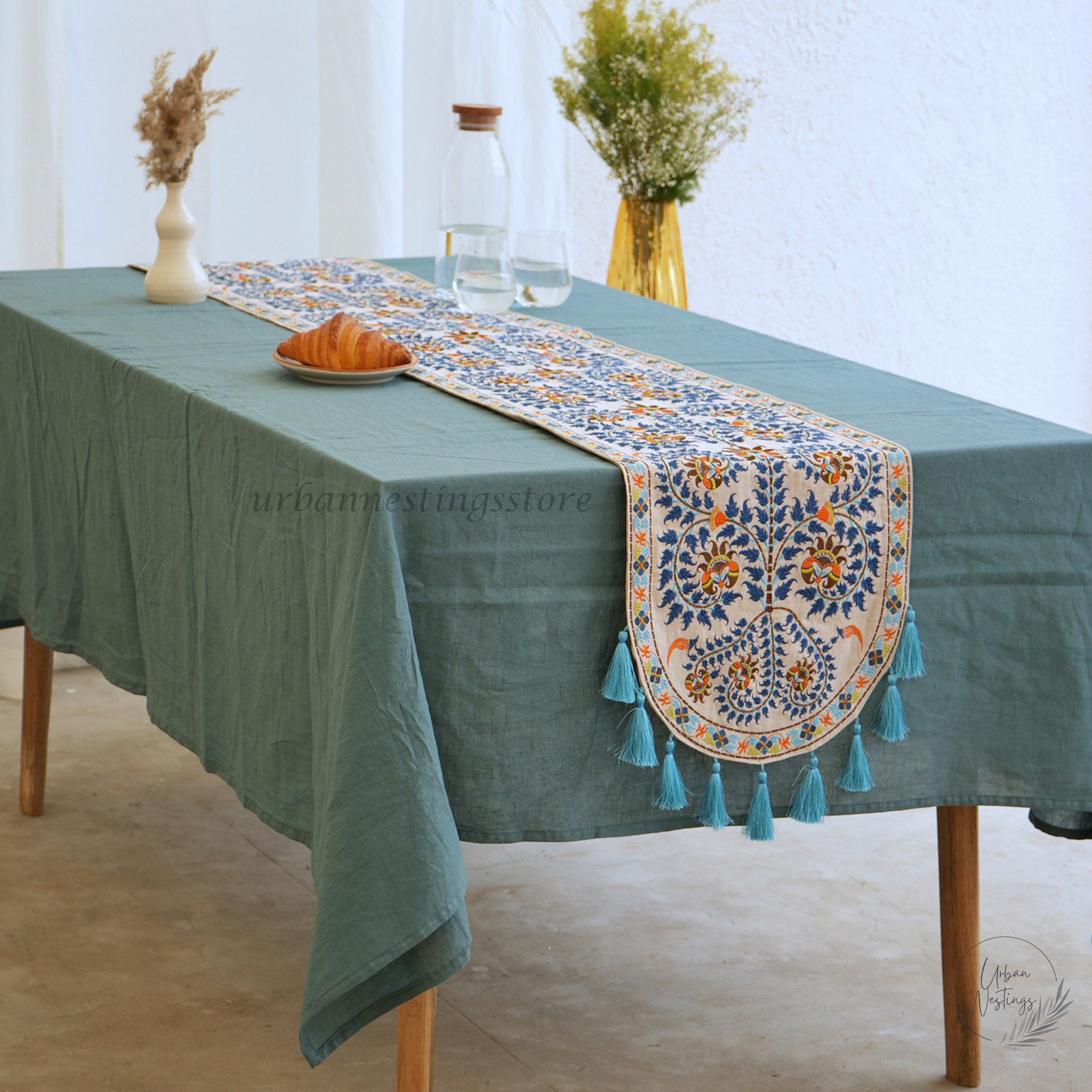 Teal Table Runner Placemats Set Custom Size Embroidered Fall Etsy UK