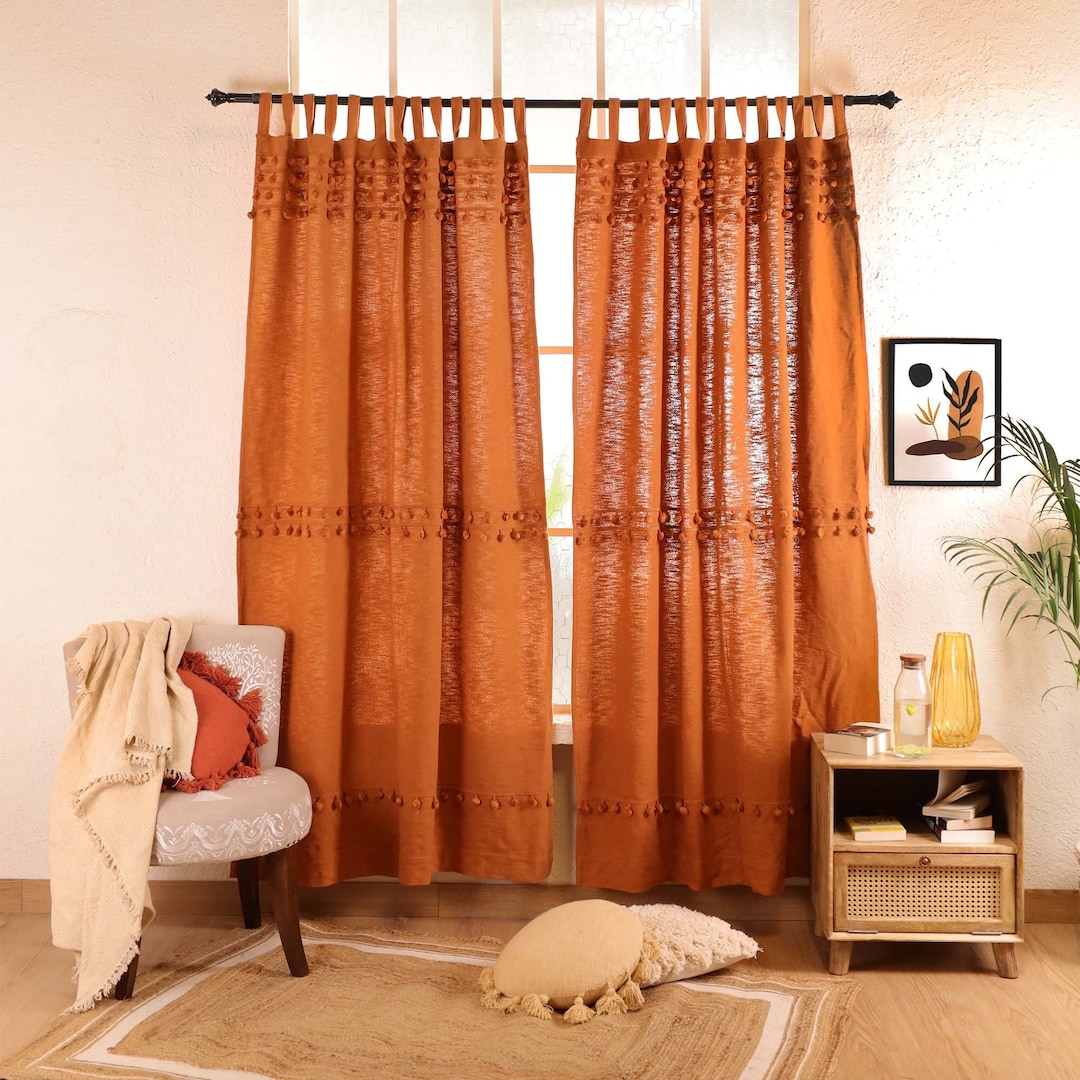 Terracotta Boho Curtains Kitchen & Bedroom Cotton Drapery Custom
