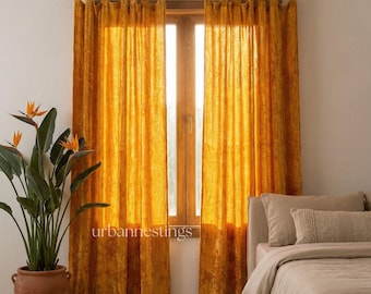 Cortina de terciopelo dorado de lujo, estilo bohemio, longitud personalizada, panel de ventana individual.
