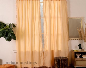 Boho Fringed Curtain, Beige Cafe Curtains, Custom Size Curtain, Living Room & Bed Room Curtains, Tie Top Drapes, Home Decor Gifts