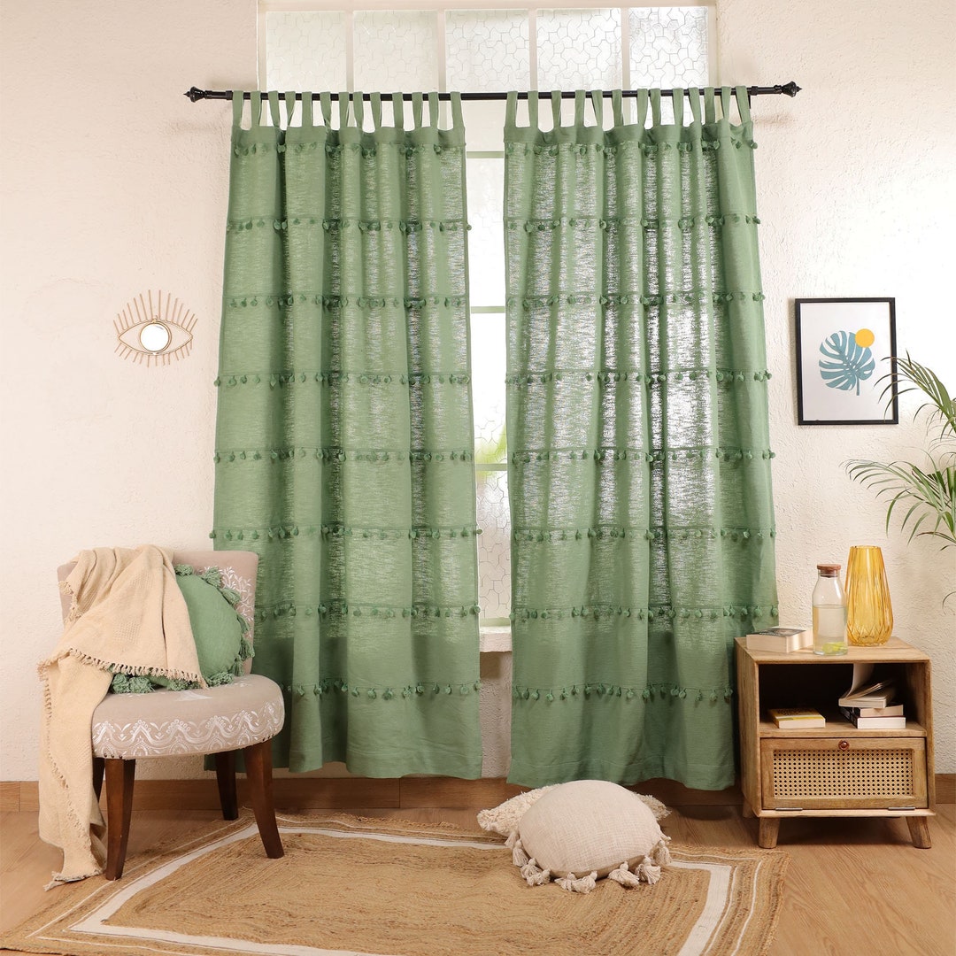 Decorative Hippie Curtain Sage Green Boho Curtain Tassel Trim Custom