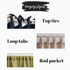 Puede incluir: Un gr&aacute;fico que muestra tres formas diferentes de colgar cortinas: lazos superiores, pesta&ntilde;as de bucle y bolsillo para barra. Los lazos superiores se muestran con una cortina azul oscuro, las pesta&ntilde;as de bucle se muestran con una cortina beige claro y el bolsillo para barra se muestra con una cortina verde claro.