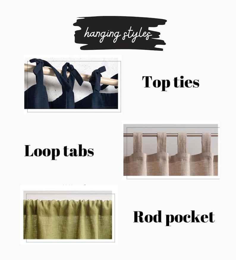 Puede incluir: Un gr&aacute;fico que muestra tres formas diferentes de colgar cortinas: lazos superiores, pesta&ntilde;as de bucle y bolsillo para barra. Los lazos superiores se muestran con una cortina azul oscuro, las pesta&ntilde;as de bucle se muestran con una cortina beige claro y el bolsillo para barra se muestra con una cortina verde claro.