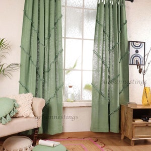 Sage Green Handmade Cotton Curtains Bohemian Tassel Trim Curtains Living room curtains Custom Curtains BedroomCurtains Single Panel Only zdjęcie 4