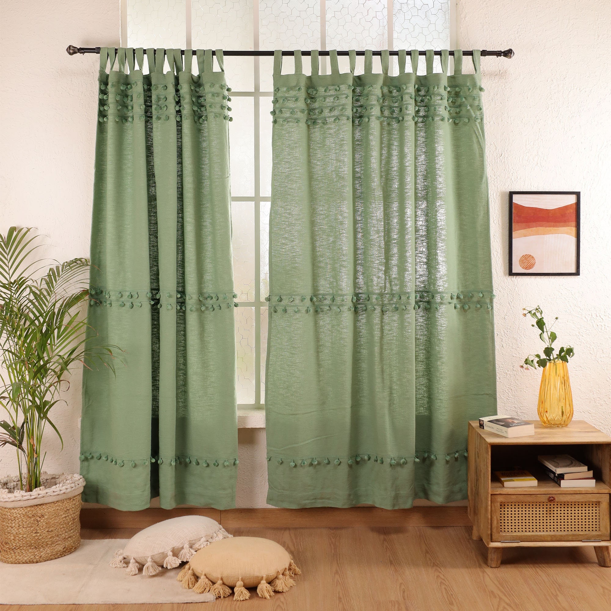 Sage Green Pom Pom Curtains