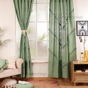 Sage Green Handmade Cotton Curtains Bohemian Tassel Trim Curtains Living room curtains Custom Curtains BedroomCurtains Single Panel Only zdjęcie 3