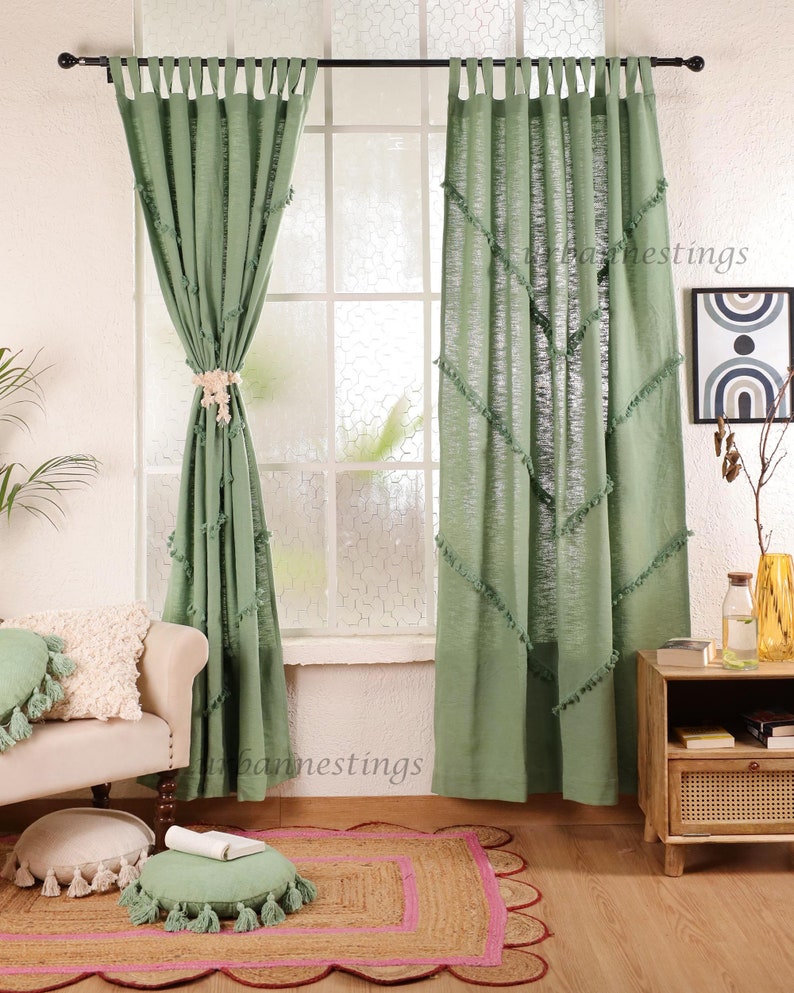 Sage Green Handmade Cotton Curtains Bohemian Tassel Trim Curtains Living room curtains Custom Curtains BedroomCurtains Single Panel Only zdjęcie 3