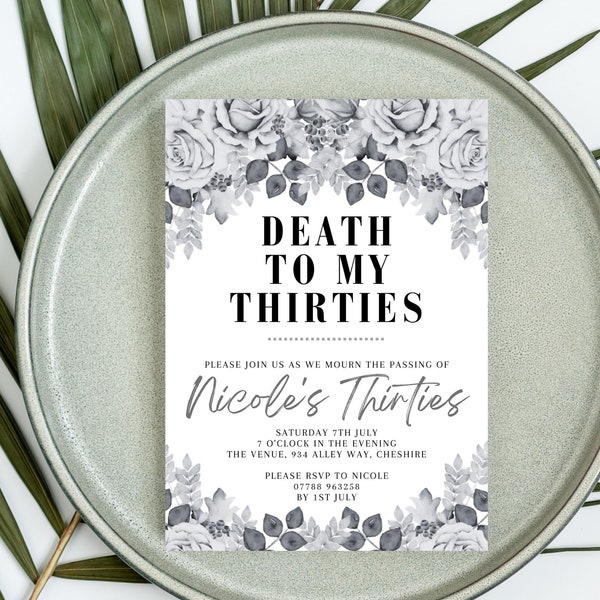 40th Birthday Invitation Template | Funny Fortieth Birthday Invitation | Death To My Thirties Editable Invitation | Monochrome Invitation