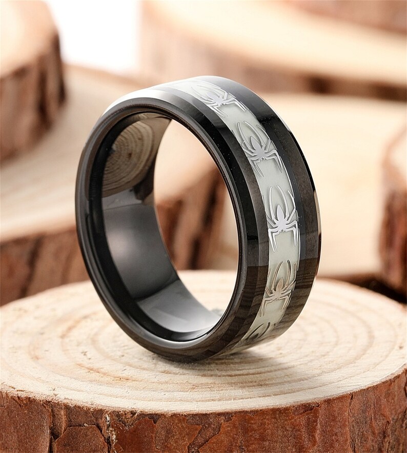 8mm Tungsten Ring,black Men Wedding Ring,spider Inlay Tungsten Ring