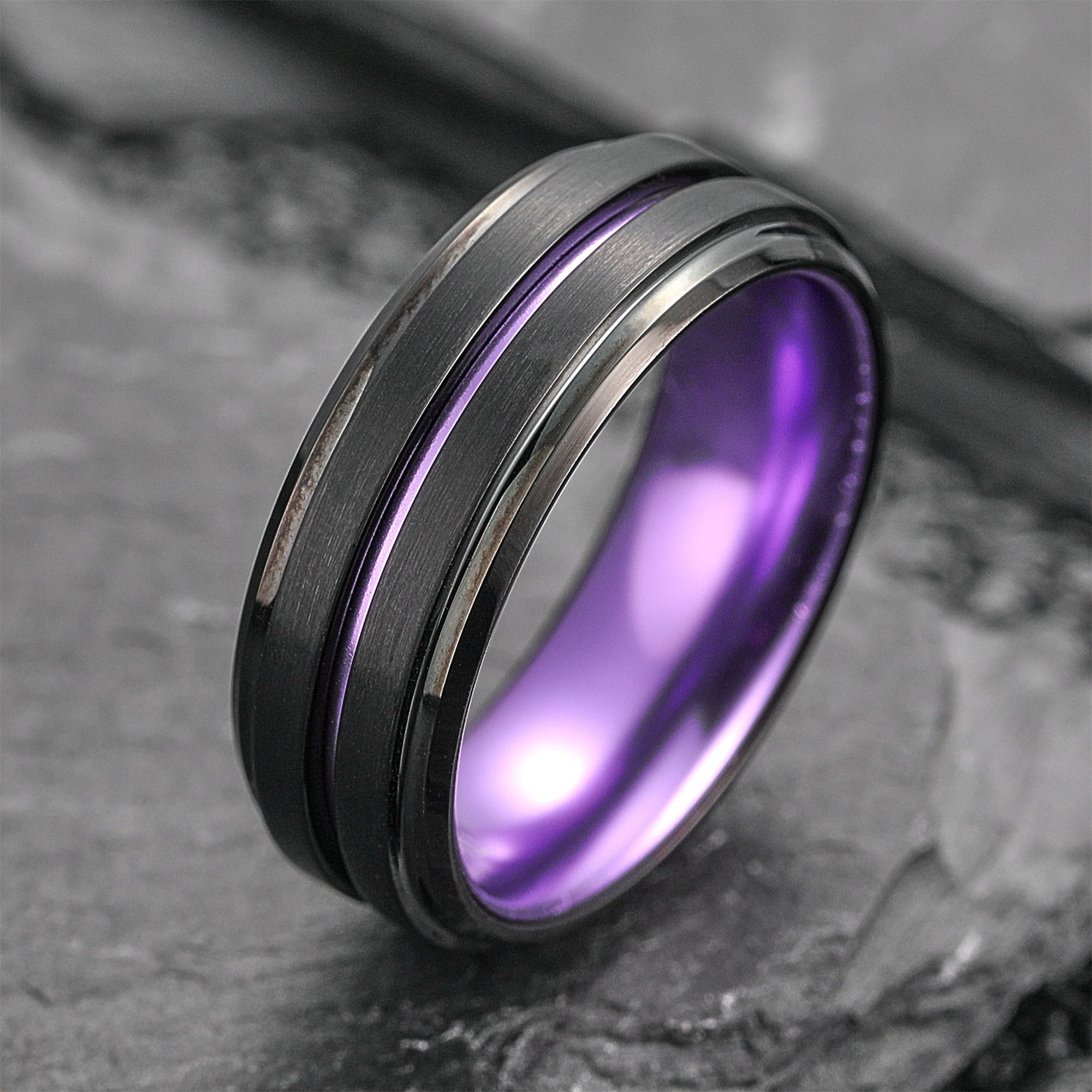 Purple Tungsten Ring for Men 8mm Center Grooved Black Matte Finish Beveled  Edge Size 7 to 12 - Tungsten Ring Direct
