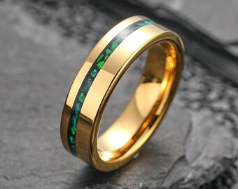 Flat 6mm Green Opal Inlay Gold Tungsten Ring,Green and Gold Wedding Bands for Women and Men,Polished Ring,Engagement Ring,Anniversary Gift