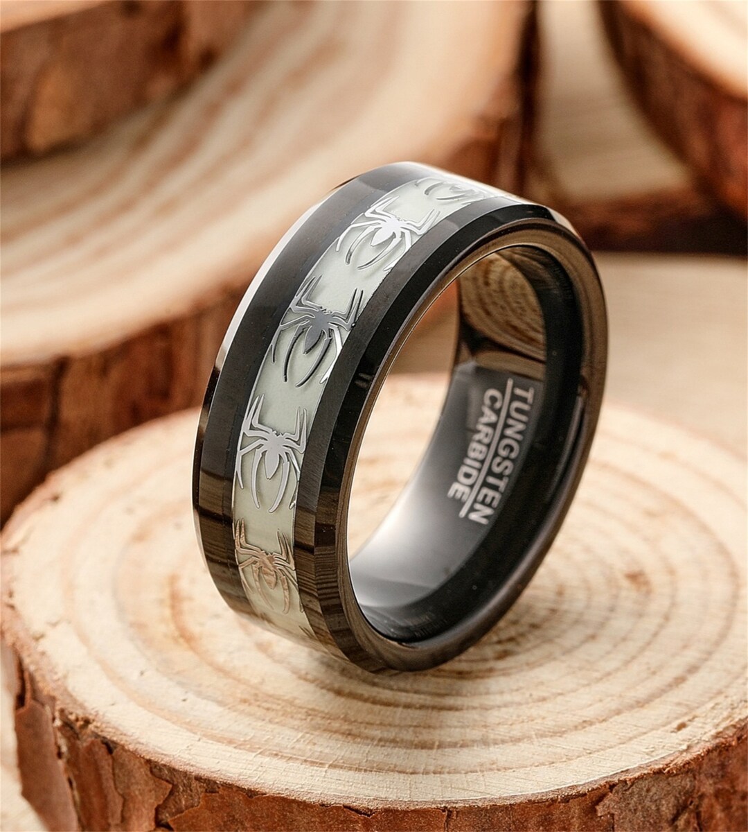 8mm Tungsten Ring,black Men Wedding Ring,spider Inlay Tungsten Ring