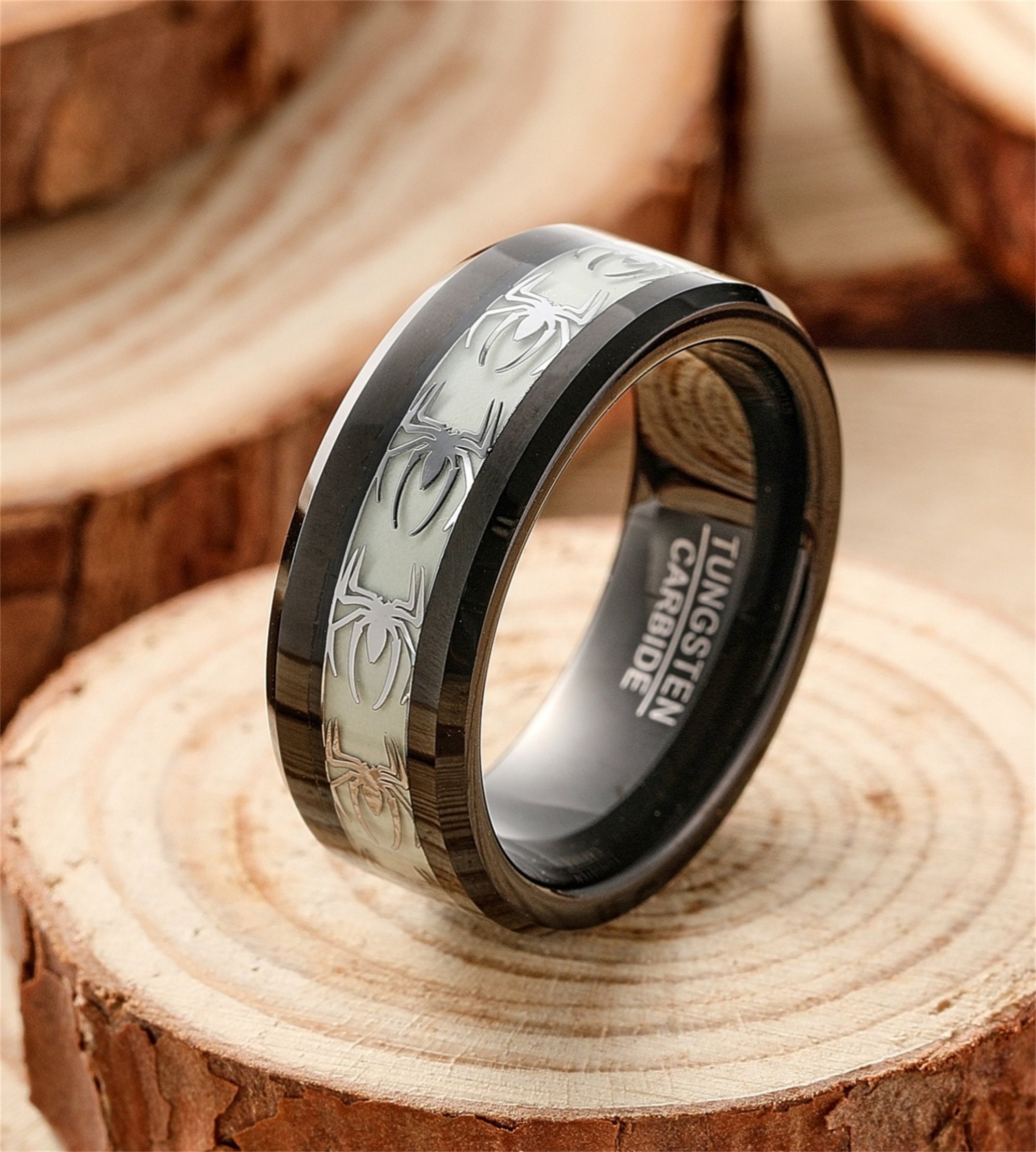 8mm Tungsten Ring,black Men Wedding Ring,spider Inlay Tungsten Ring