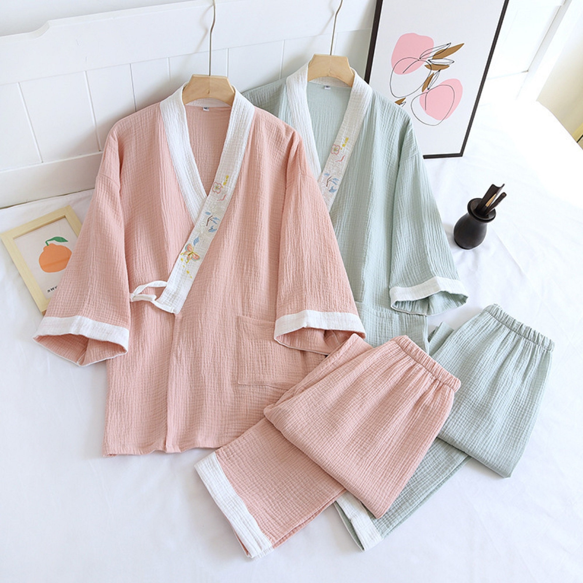 Conjunto de pijama de algodón para parejas, ropa de dormir de dos piezas,  informal, coreana, con bolsillos, Estilo Vintage, para otoño