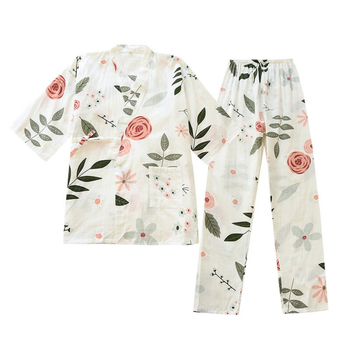 Japanese Kimono Cotton Pajamas Two Piece Set, Floral Printed Half ...