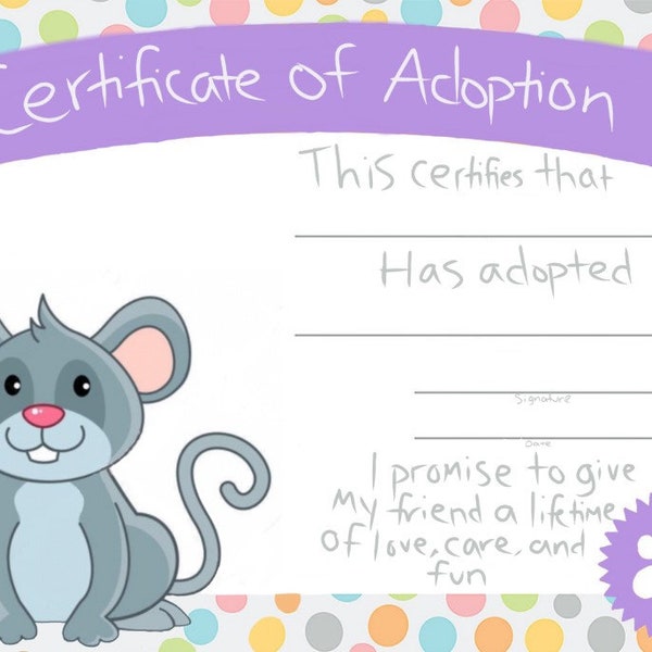 Adoption Certificate - DIGITAL DOWNLOAD - Certificate of Adoption for stuffed animals, gifts, and more