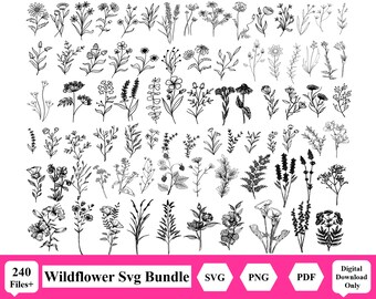 May include: A set of 240 black and white line art illustrations of wildflowers. The illustrations are in a variety of styles, including simple outlines and more detailed drawings. The set includes a variety of flowers, leaves, and stems.
