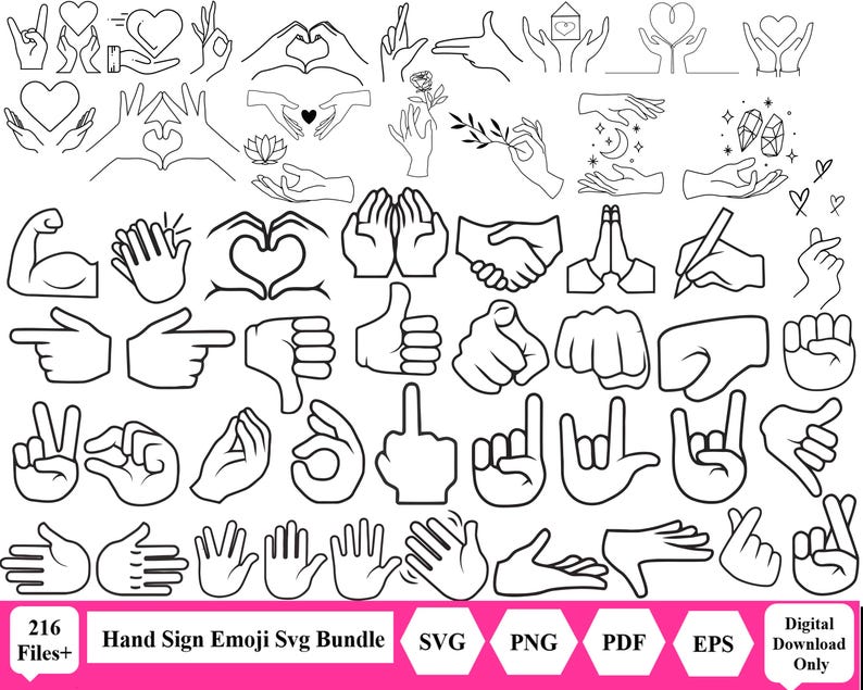 May include: A set of 216 black and white hand gesture illustrations. The illustrations include a variety of hand gestures, such as thumbs up, peace sign, heart, and clapping hands. The illustrations are in a simple, minimalist style.