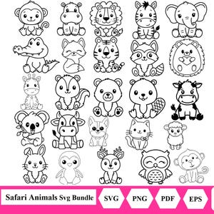 Animales de safari para colorear, esquema, clipart, SVG, animales salvajes de la jungla, león, tigre, ciervo, jirafa, fiesta infantil, actividad para colorear, svg, png, pdf, eps, clipart
