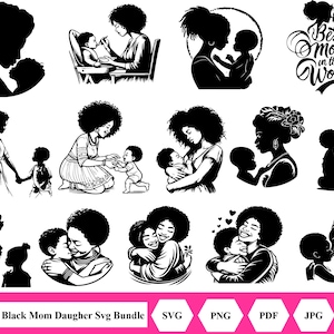 Madre e figlia nere Svg, silhouette di mamma e bambino afroamericano Svg Png Jpg pdf Download immediato per la festa della mamma, design della maglietta svg