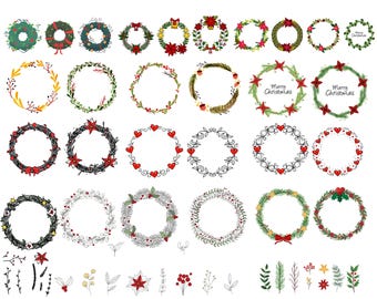 May include: A collection of various Christmas wreath designs in a digital SVG bundle. The wreaths feature diverse styles, including those with red bows, berries, and the text "Merry Christmas". The image also includes individual floral elements.