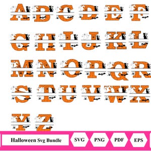 May include: A Halloween SVG bundle featuring the alphabet, each letter in orange with a spiderweb design. Each letter is decorated with a ghost, a black cat, and a bat. The bottom of the image has the text "Halloween SVG Bundle".