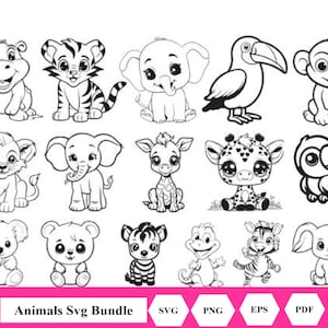 Paquete de 580 lindos animales bebés SVG, contorno de animales de safari SVG, lindo archivo de corte de animal de la jungla africana, león, tigre, hipopótamo, jirafa, cebra, mono, zoológico
