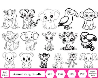 580 Cute Baby Animals Svg Bundle, Safari animals outline SVG, Cute african jungle animal cut file, Lion Tiger Hippo Giraffe Zebra Monkey Zoo