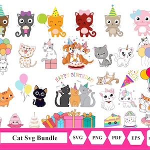 Geburtstag Katzen Clipart süsse Katze party Clip Art Kawaii Kätzchen Kitty Symbole Haustier Tier Illustrationen Druckbare Aufkleber Planer Lieferungen Vektoren