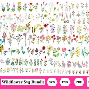 Op de afbeelding: Een bundel met meer dan 460 wilde bloemen SVG-bestanden. De afbeelding toont een verscheidenheid aan kleurrijke wilde bloemen, waaronder madeliefjes, klaprozen en blauwe bellen. De bestanden zijn beschikbaar in de formaten SVG, PNG en PDF.